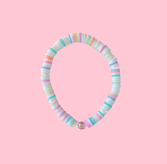 Full colorful clay bead bracelet with pink perl charm!